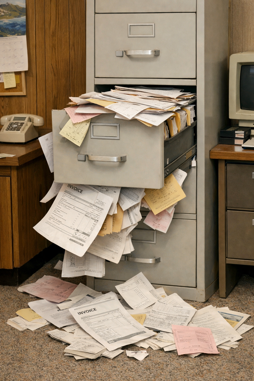 Overstuffed filing cabinet overflowing with invoices and paperwork