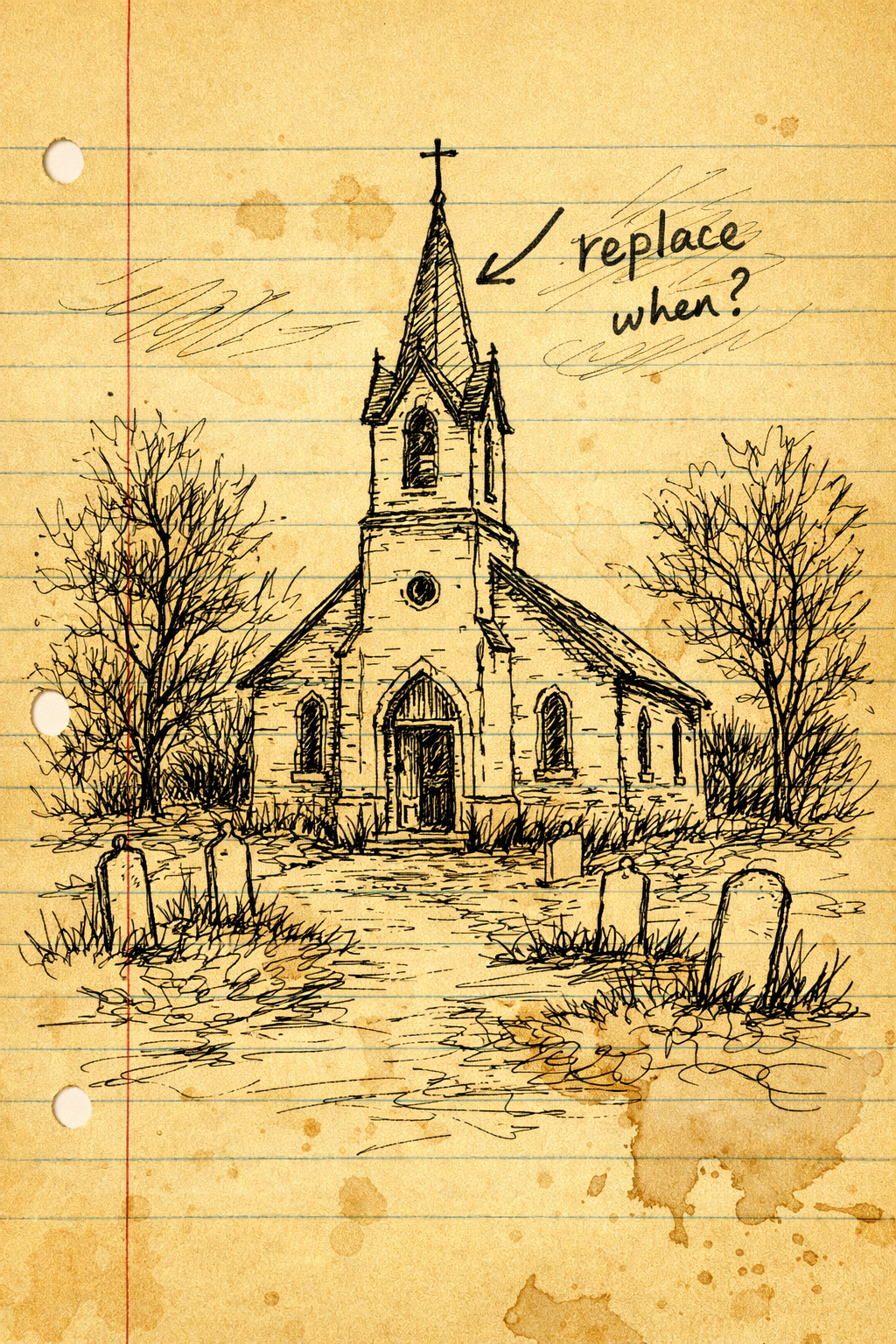 Sketch of a church with a handwritten note about roof replacement